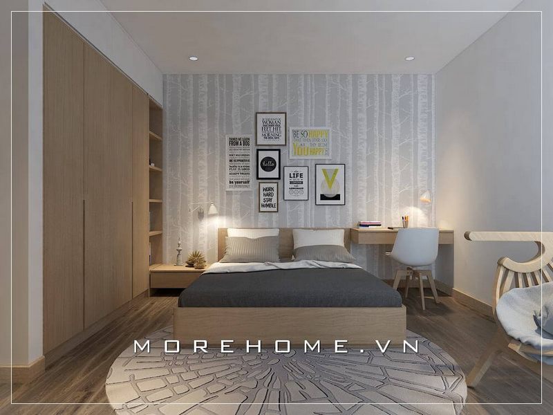 Thiết kế phòng ngủ chung cư nhỏ hiện đại, tủ quần áo kịch trần âm tường đã tận dụng triệt để được góc khuất căn phòng tạo cho căn phòng thêm phần thông thoáng hơn