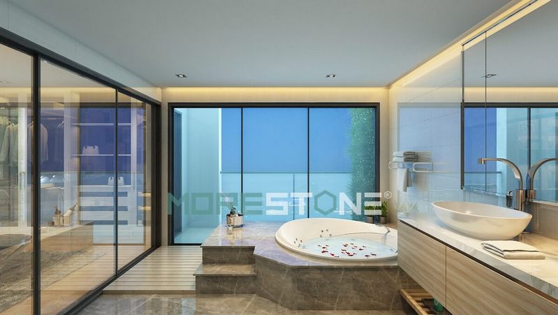 Bồn tắm là nơi thường xuyền tiếp xúc với môi trường nước nên lựa chọn đá tự nhiên ốp lát vừa tạo điểm nhấn thẩm mỹ vừa chống ố mốc, chống xỉn màu trong quá trình sử dụng